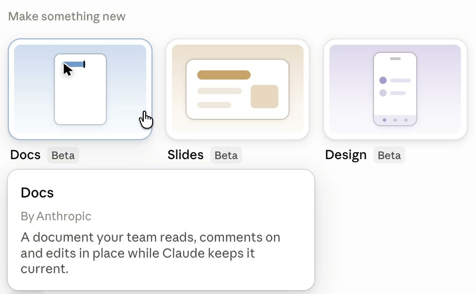 The Make something new row in the Claude Artifacts tab, showing Docs, Slides and Design tiles, each labelled Beta, with the Docs description shown on hover