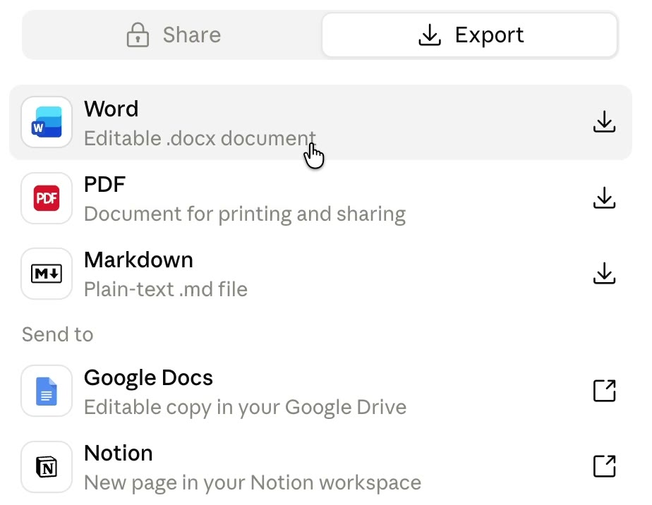 The Export tab in Claude Docs with Word, PDF and Markdown downloads, and Send to Google Docs and Notion