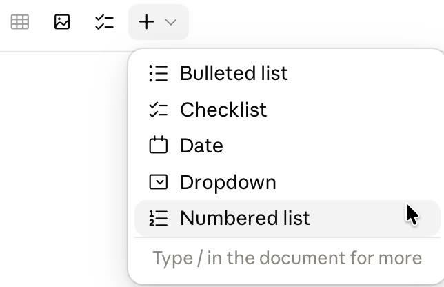 The Claude Docs toolbar with table, image and checklist buttons, and the plus menu open showing Bulleted list, Checklist, Date, Dropdown and Numbered list