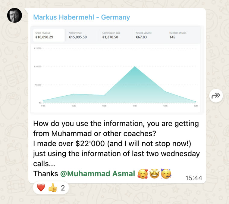 WhatsApp message from Markus Habermehl with his sales results