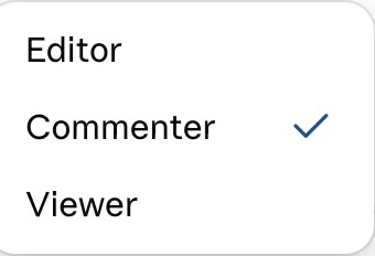 The role dropdown in the Claude share dialog with Editor, Commenter and Viewer, Commenter selected